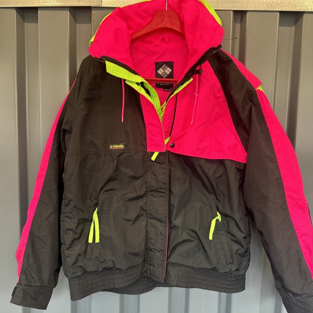 Vintage 90s Columbia Criterion Jacket Mens Large Radial Sleeve Neon Pink Yellow
